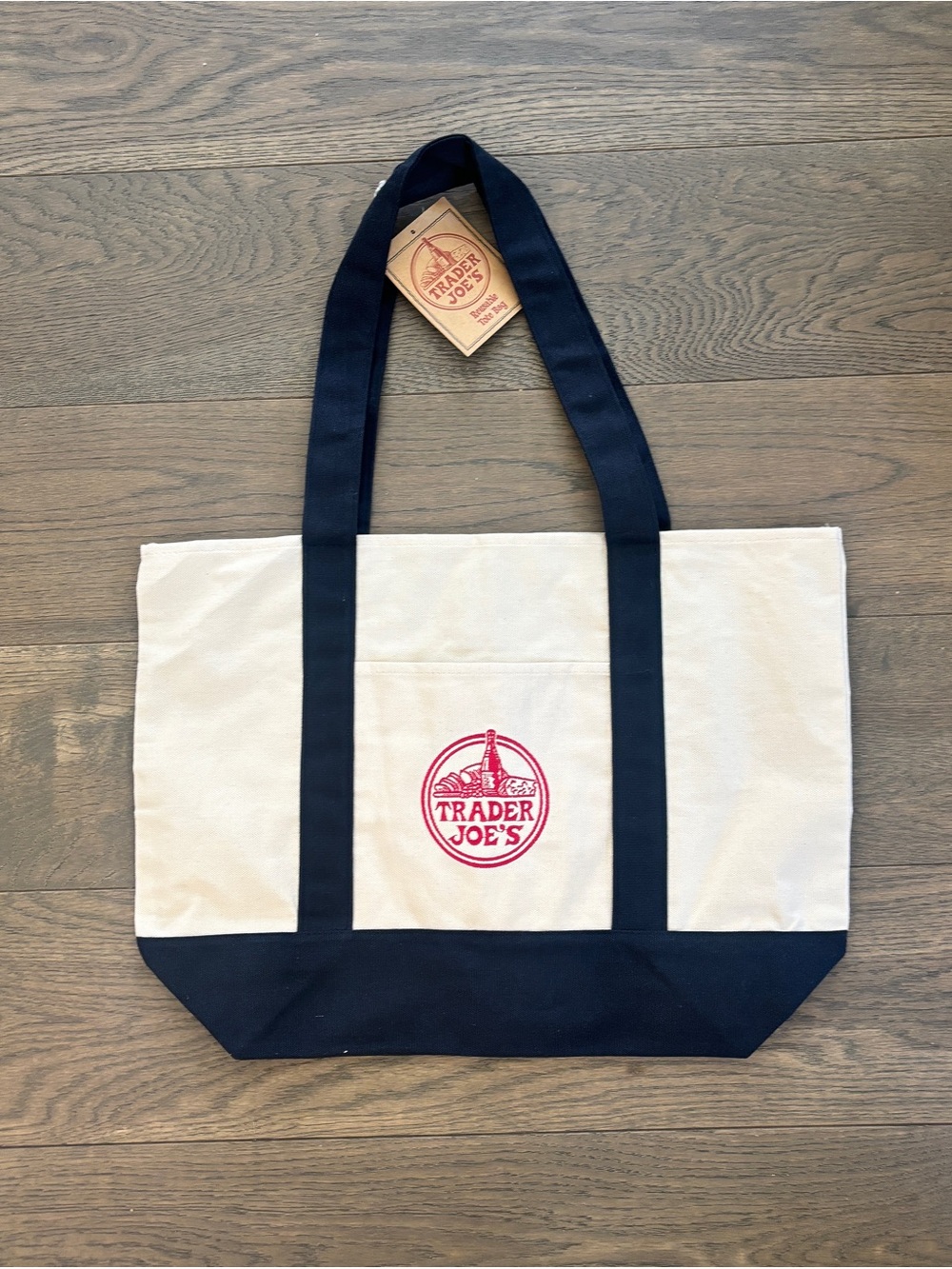 NWT Trader Joe's Navy and Cream Canvas Tote Bag 2026 restock